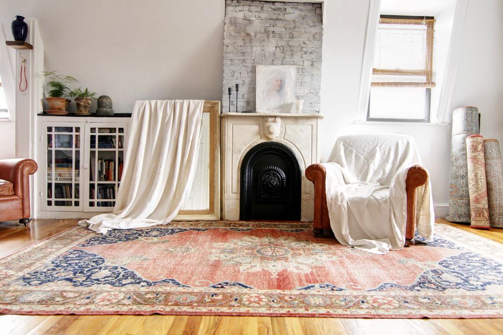 Red and blue vintage Turkish Oushak area rug